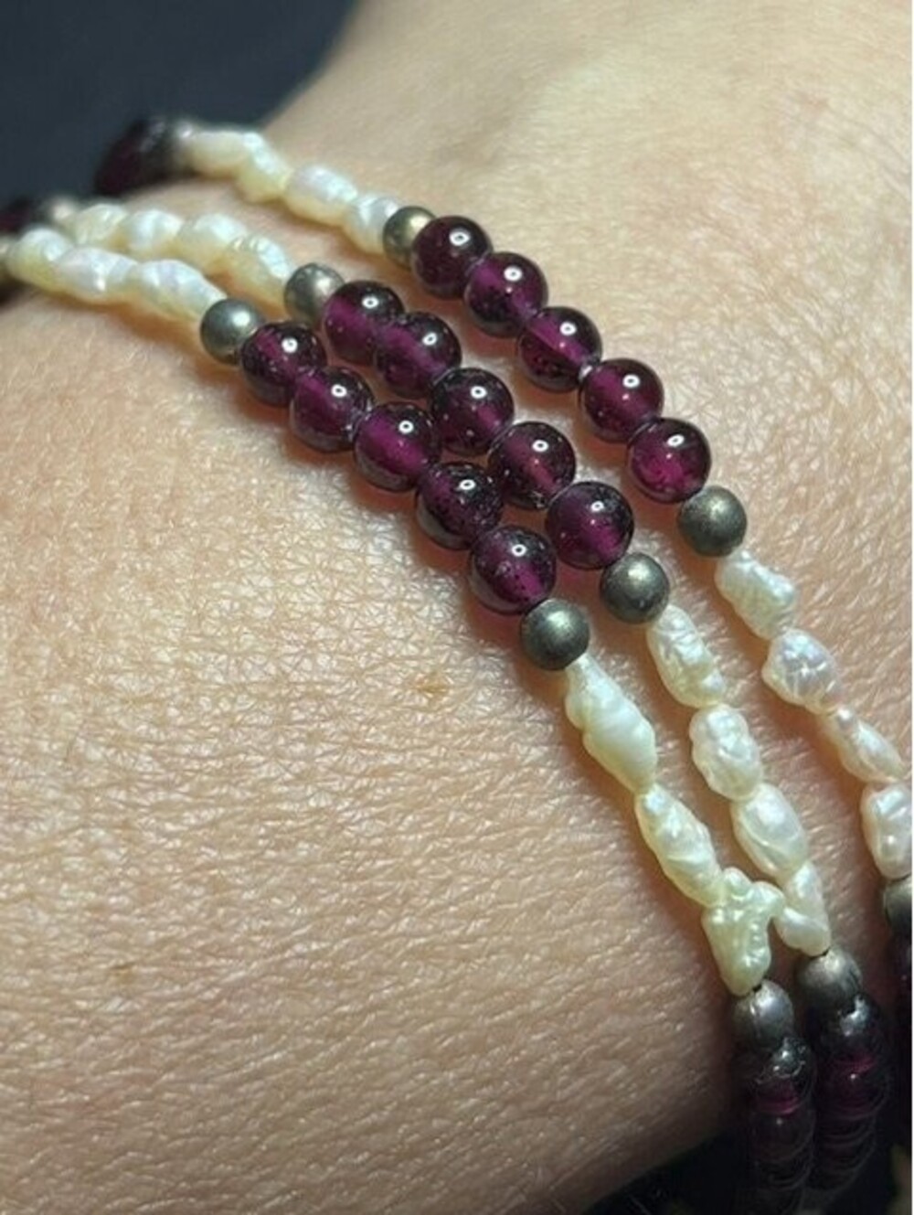 B7320  Multi-Strand Beaded Bracelet Freshwatr Pearl Garnet 14K gold filled clasp